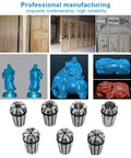 Pro Grade ER11 Collet Set Seven Sizes from 1mm to 7mm with spring collets, milling extension rod, and CNC engraving machine examples