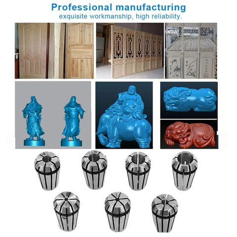 Pro Grade ER11 Collet Set Seven Sizes from 1mm to 7mm with spring collets, milling extension rod, and CNC engraving machine examples