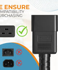 Image showing compatible and incompatible plugs for Premium 12 AWG Heavy Duty Power Cord Cable For Servers and PDUs IEC320 C20 To C19 4ft Plug.