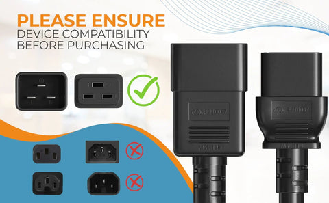 Image showing compatible and incompatible plugs for Premium 12 AWG Heavy Duty Power Cord Cable For Servers and PDUs IEC320 C20 To C19 4ft Plug.