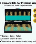 30 Piece Diamond Rotary Tool Bits Set Pro Grade For Engraving And Carving 120 Grit Burrs One Eighth Inch Shank Dremel Compatible Kit
