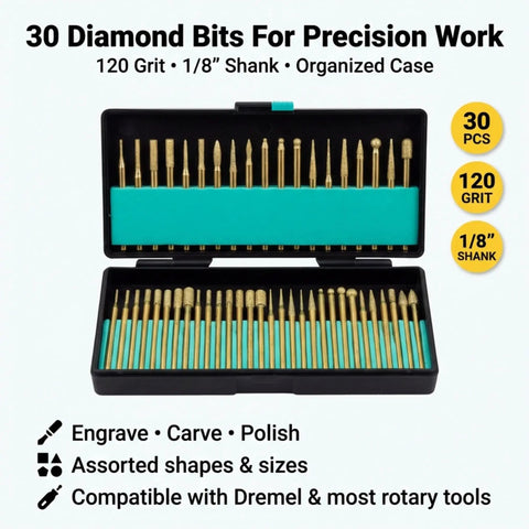 30 Piece Diamond Rotary Tool Bits Set Pro Grade For Engraving And Carving 120 Grit Burrs One Eighth Inch Shank Dremel Compatible Kit