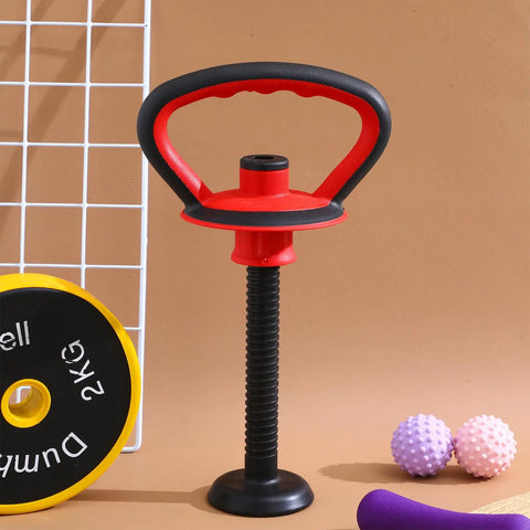 Dope Adjustable Kettlebell Handle Grip For Dumbbells With Stable Plastic Base in red and black, standing upright.