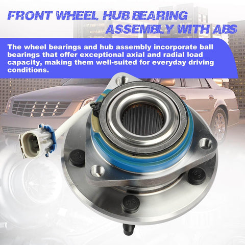 Front Wheel Hub Bearing Assembly with ABS - Single Unit Fits Impala, Monte Carlo, Uplander, Venture, Aurora, Intrigue, Silhouette, DeVille, DTS, Bonneville & More product image with hub close-up against car background.