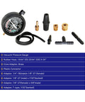 HFS fuel pump tester gauge kit with vacuum/pressure gauge, black rubber hose and brass adapters.