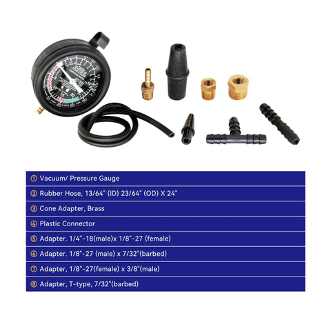 HFS fuel pump tester gauge kit with vacuum/pressure gauge, black rubber hose and brass adapters.