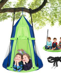 Two In One Kids Detachable Hanging Chair Swing Tent Set For Outdoor And Indoor Play, green tent with children inside and saucer swing