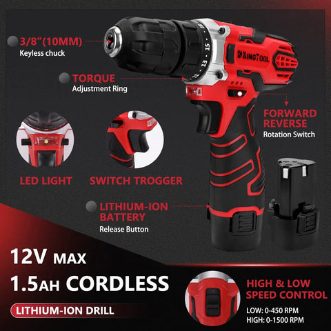 12V cordless drill with keyless chuck, torque adjustment, LED light, and lithium-ion battery in the 276-Piece Tool Set Kit With 12V Cordless Drill Driver, Portable Toolbox With Drawer, Heavy-Duty Storage Case, Perfect for Homeowners, Diyers, and Handymen, Great for Home Projects and Weekend Fix-Ups.
