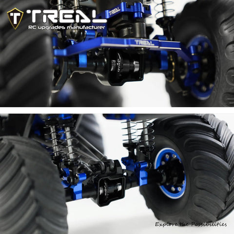 Close-up of Overdrive Gear Set 22T And 12T And Underdrive Gear Set 24T And 10T for TRX4M RC Crawler with visible suspension.