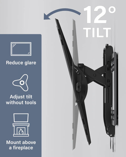 Heavy Duty Tilting TV Wall Mount For Big Screens Up To 90 Inches And 150 Pounds with 12-degree tilt to reduce glare.