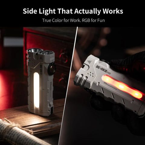 Pro 2 Mao Flat EDC Flashlight Hella Bright 5000 Lumen Turbo Power With Spotlight And Floodlight standing on wooden surface