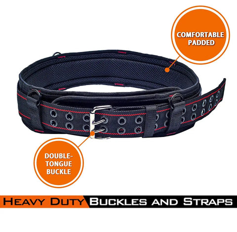 3 Inch Padded Tool Belt For Heavy Duty Work Built Tough With Breathable Mesh Foam Padding And Double Layer Polyester Bar Track Pouch Support Fully Adjustable High Visibility Fits 28 To 46 Inch Waist Sizes, showing heavy duty buckles