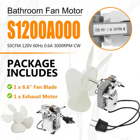 Universal Quiet Bathroom Vent Fan Motor Replacement S1200A000 For NuTone Broan 686 M686 687 870 50CFM 3000RPM 120V Exhaust Fan Motor With Plug And 5 Blade Wheel Easy Install package contents.
