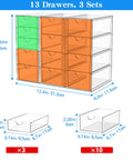 Clear Acrylic Thirteen Drawer Storage Makeup Organizer For Desk Bathroom Vanity Counter with 13 drawers detailed dimensions