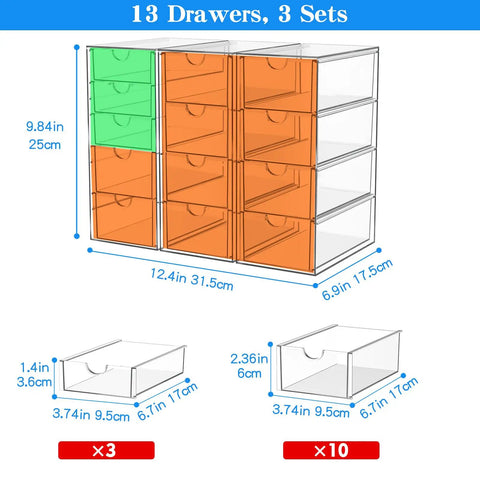 Clear Acrylic Thirteen Drawer Storage Makeup Organizer For Desk Bathroom Vanity Counter with 13 drawers detailed dimensions