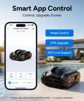 4H Cordless Robotic Pool Vacuum For Inground And Above Ground Pools With Smart Navigation AI Timer App Control Auto Parking And Floor Wall Waterline Cleaning In Black, shown with app control features on phone.