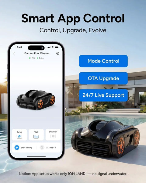 4H Cordless Robotic Pool Vacuum For Inground And Above Ground Pools With Smart Navigation AI Timer App Control Auto Parking And Floor Wall Waterline Cleaning In Black, shown with app control features on phone.