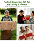 Smiling elderly man holding an Outdoor Gardening Kneeler box, couples exchanging gift boxes indoors, labeled gardening gift set.