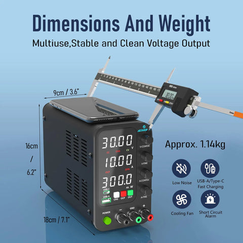 Adjustable Bench Power Supply 0 To 32V 0 To 10A With Encoder Knob And Output Switch Intelligent Charging Mode 4 Digit LED Display shown with dimensions.