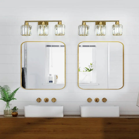 Gold Vanity Light Fixture For Bathroom Over Mirror, 3 Light Crystal Wall Sconces With Modern Design above dual sinks