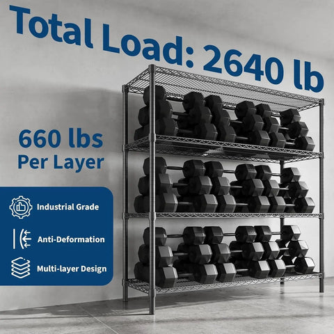 4 Tier Hella Heavy Duty Adjustable Steel Wire Storage Shelving Rack with Thickened Black Matte Finish Rust Resistant and Super Stable Load Capacity for Home Garage Organization Beast Mode Setup holding dumbbells.