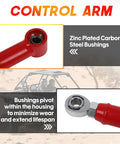 High Clearance Rear Radius Arms For 2014 And Up RZR XP 1000 And XP 4 1000 Beefed Up Heavy Duty Steel A Arms With Carbon Steel Bushings And Adjustable Heim Joints For Tough Trails Rock Crawling And Off Road Performance, red steel control arm with zinc-plated carbon steel bushing