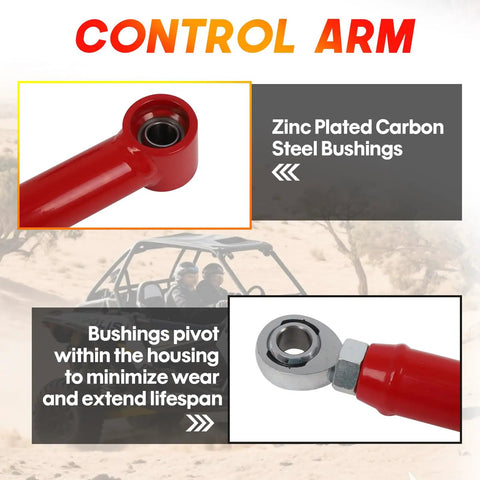 High Clearance Rear Radius Arms For 2014 And Up RZR XP 1000 And XP 4 1000 Beefed Up Heavy Duty Steel A Arms With Carbon Steel Bushings And Adjustable Heim Joints For Tough Trails Rock Crawling And Off Road Performance, red steel control arm with zinc-plated carbon steel bushing