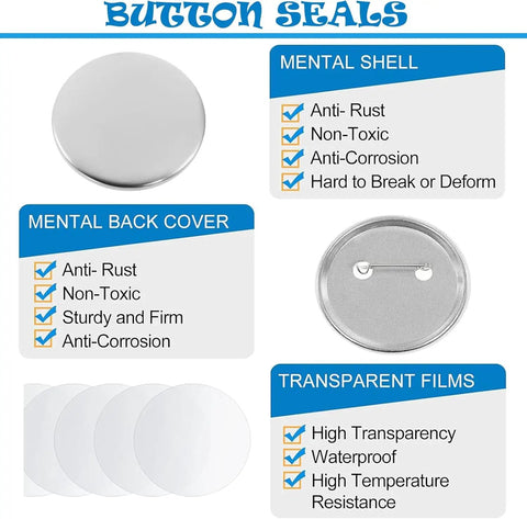 Dope 58mm Button Maker Kit For DIY Badges with metal shells, back covers, and transparent films details with features list.