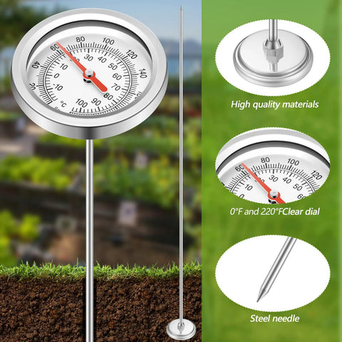 Pro Grade Extendable 39.4 Inch Compost Thermometer With Stainless Steel Stem, Waterproof Soil Temperature Gauge for Celsius and Fahrenheit Readings, Heavy Duty Deep Pile Monitoring, Includes Composting Temperature Guide, Durable Garden Tool. stainless steel dial and stem in soil