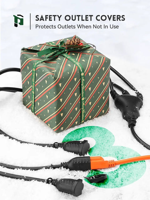 Outdoor Extension Cord With One To Three Outlet Splitter Built Tough All Weather 16 Gauge Three Conductor SJTW Waterproof Cable 125 Volt 13 Amp ETL Listed in snow with gift box