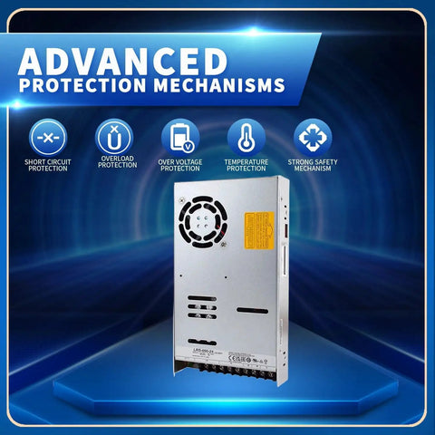 600W 24V 25A Industrial Switching Power Supply For Harsh Environments With Standout Reliability From Minus 20 C To 65 C, 5G Vibration, 5000m Altitude, Overload Overvoltage And Short Circuit Protections, Up To 91 Percent Efficiency. 1U metal unit with fan vents
