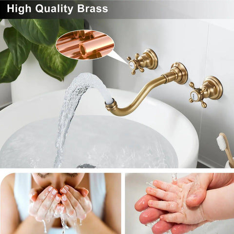 Widespread Bathroom Sink Faucet Wall Mount With Three Holes And Double Handles Solid Brass Lavatory Basin Mixer Tap Antique Brass Finish