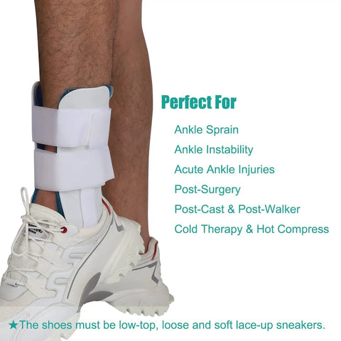 Person wearing a white Stirrup Ankle Brace Stabilizer for Sprains And Tendonitis with Gel Pads, shown with athletic shoe.