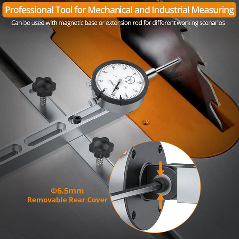 0 To 1 Inch Dial Indicator With 0.001 Inch Resolution attached to table saw for precision measuring, rear cover detail