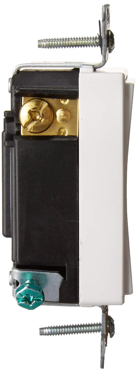 Side view of Super Reliable White Commercial Grade Momentary Rocker Switch Single Pole Double Throw Center Off Quiet Ac Decora Style
