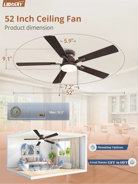 LEDIARY 52inch Ceiling Fans with Light Pull Chain and Remote Control Brown showing dimensions and layout in a living room.