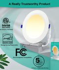 12 Pack Canless LED Recessed 4 Inch Ceiling Lights 1200 Lumens, 12W Equal to 150W, 5000K Daylight Wafer Downlights, Dimmable Ultra Thin, ETL and Energy Star Certified displayed on packaging with certifications and warranty icons.