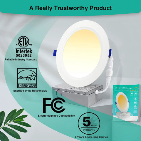 12 Pack Canless LED Recessed 4 Inch Ceiling Lights 1200 Lumens, 12W Equal to 150W, 5000K Daylight Wafer Downlights, Dimmable Ultra Thin, ETL and Energy Star Certified displayed on packaging with certifications and warranty icons.