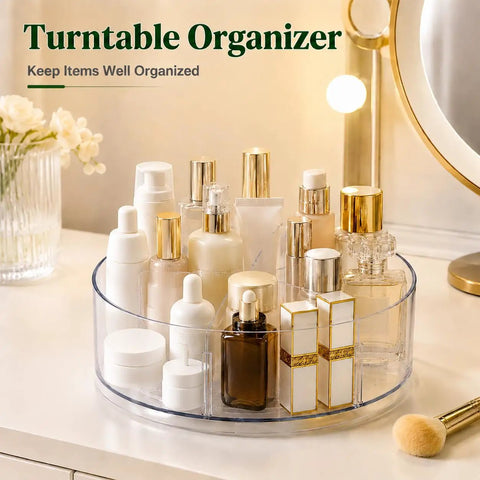 Four Pack 10.5 Inch Lazy Susan Organizers Smooth Operator Turntable Trays With Heavy Duty Non Slip Base Real Kitchen Game Changer For Straight Up Pantry Fridge Shelf Setup And Bathroom Clutter Control on vanity, holding various beauty products.
