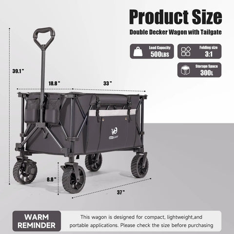 Double decker Folding Collapsible Utility Wagon For Outdoor Hauling With Table Top And Side Pocket 400Lbs Heavy Duty Cart