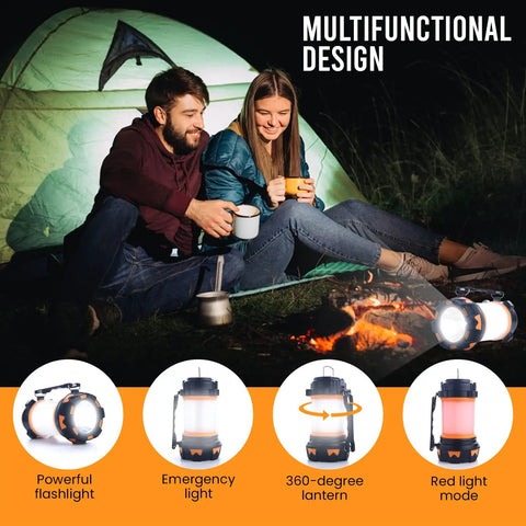 Couple using Rechargeable LED Camping Lantern With 360 Degree Illumination, Super Bright Lantern And Spotlight near tent at night