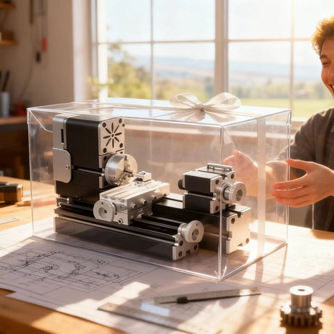 AcmeFlare 60W Mini Metal Lathe Machine in transparent box on a workbench, showcasing all metal construction for model making and crafts.