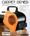 Heavy Duty Air Mover Blower Fan For Fast Cooling And Drying High Velocity Floor Fan With Three Speeds And Two Modes Cool And Warm Carpet Dryer Heater UV Light Filter 185 Degree Rotating Pivoting Head Industrial Orange on wooden floor