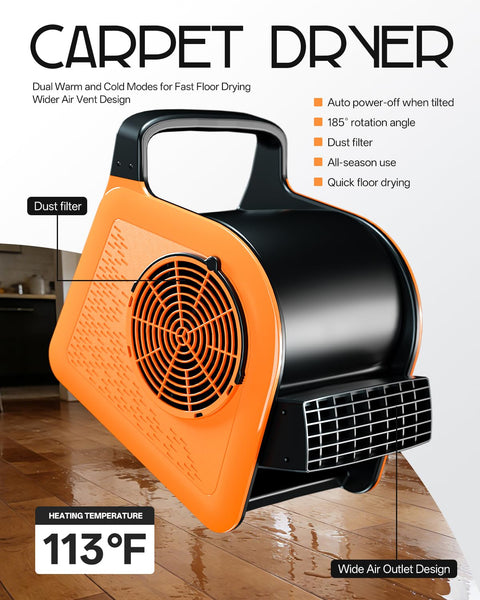 Heavy Duty Air Mover Blower Fan For Fast Cooling And Drying High Velocity Floor Fan With Three Speeds And Two Modes Cool And Warm Carpet Dryer Heater UV Light Filter 185 Degree Rotating Pivoting Head Industrial Orange on wooden floor