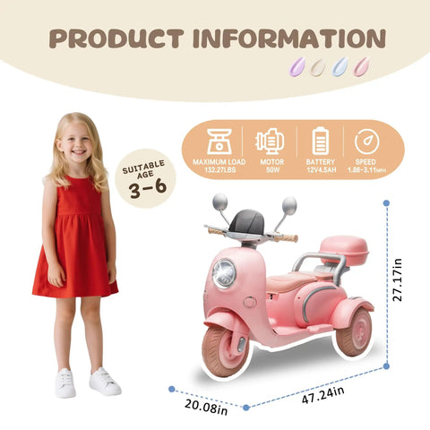 12V Dual Motor Kids Ride On Motorcycle With Storage Compartments, 2 Seater Pink Toy ATV, product dimensions, and girl model