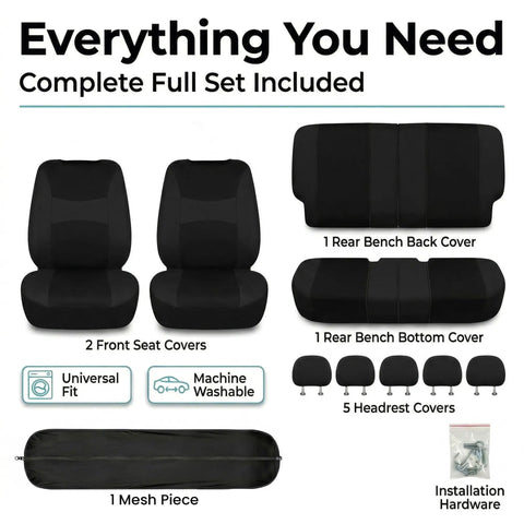 Universal Car Seat Covers Full Set For SUV Truck Sedan Van displayed with front and rear seat covers, headrest covers in durable black fabric.