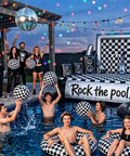 Group playing with Checkered Race Car Inflatable Pool Toy Set, Includes 2 Oversized 22.8 Inch Swim Rings And 6 Large 16 Inch Beach Balls