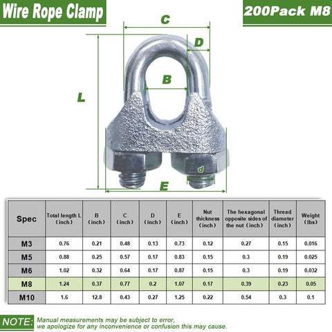 Front view of zinc-plated M8 wire rope clamp (U-bolt), silver, heavy-duty cable clip, 200-pack.
