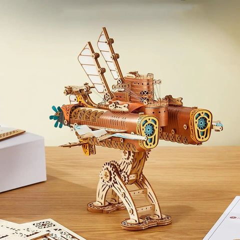 Ultimate 3D Wooden Puzzle Kit For DIYers, Handcrafted Spaceship Model, Steampunk Airship Build With 400 Plus Precision Cut Parts