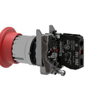 Schneider Electric XB4BS8442 emergency switch push button, red actuator, chromium bezel, 22 mm fit, side view.
